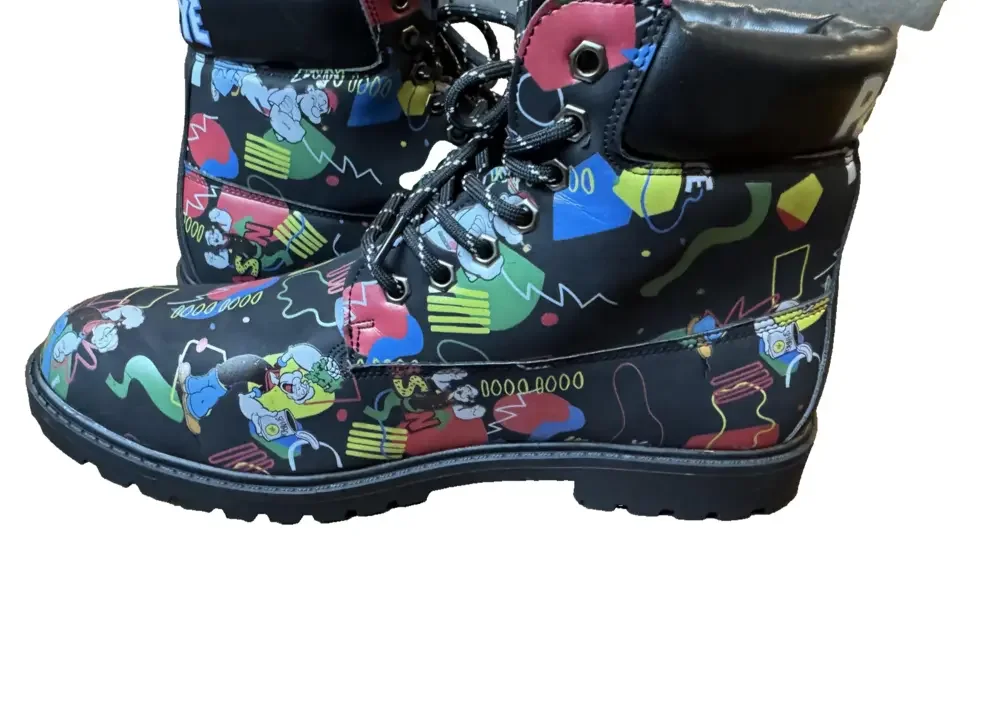 Reason Brand Boots Mens Size 11 Black Popeye Graphic Lug Sole Lace Up Ankle